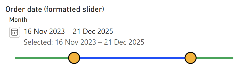 A date slicer in the Date Picker style showing the selected date range text above an amber-handled, blue and green slider