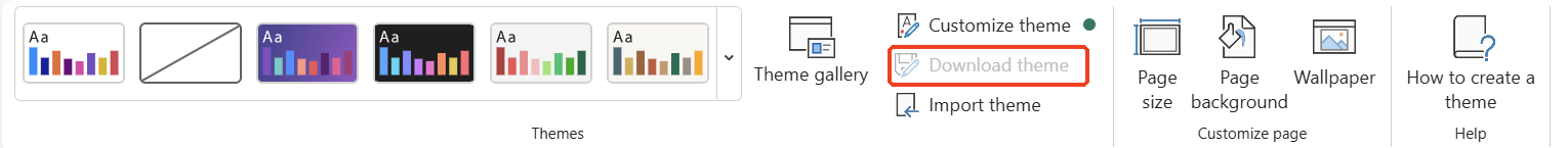 The Power BI Design ribbon on the default theme, with the themes gallery, Theme gallery, Customize theme, a greyed out Download theme, Import theme, Page size, Page background and Wallpaper