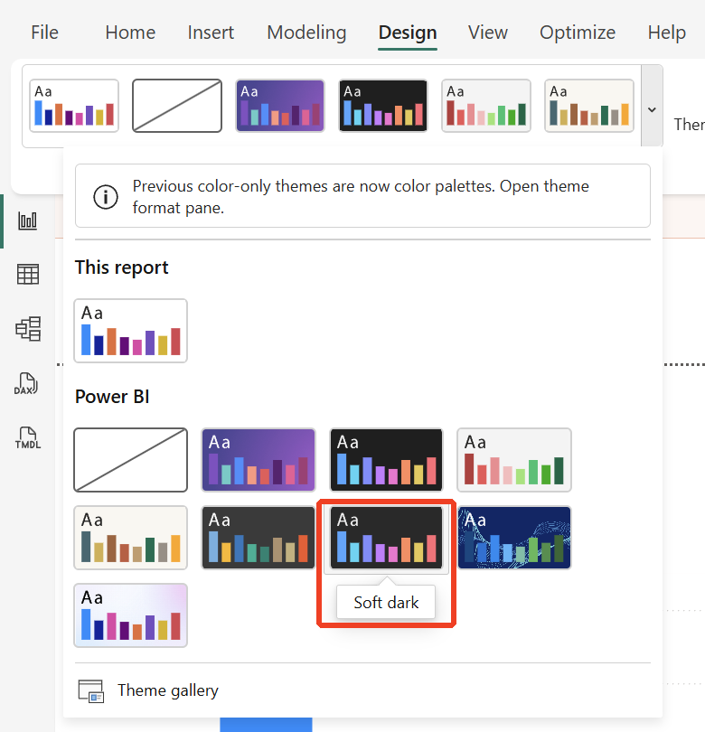 The Design ribbon themes dropdown open, with the Soft dark theme highlighted and its tooltip showing