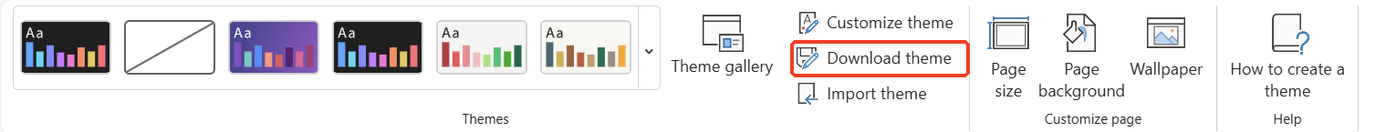 The Design ribbon after applying the Dark theme, with Download theme now enabled