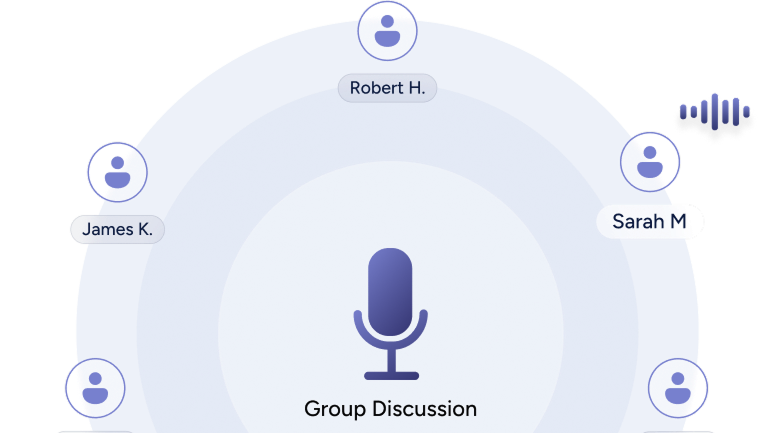 Circular group discussion interface with microphone icon and participants Robert H, James K, and Sarah M.