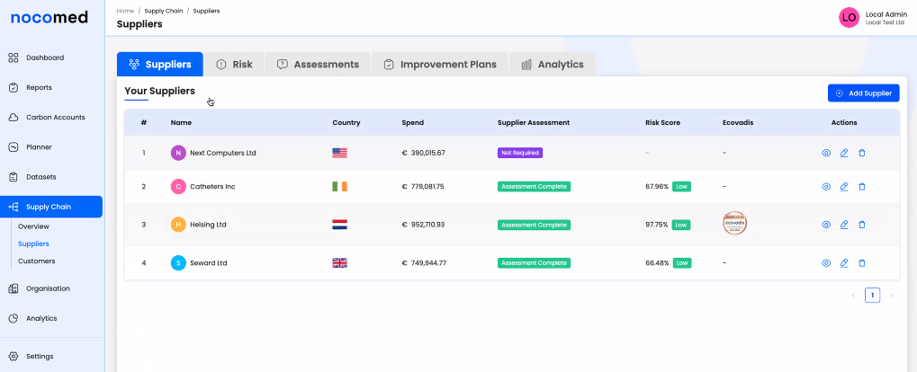 Nocomed's Life Science Sustainability Software, Suppliers Overview Screen