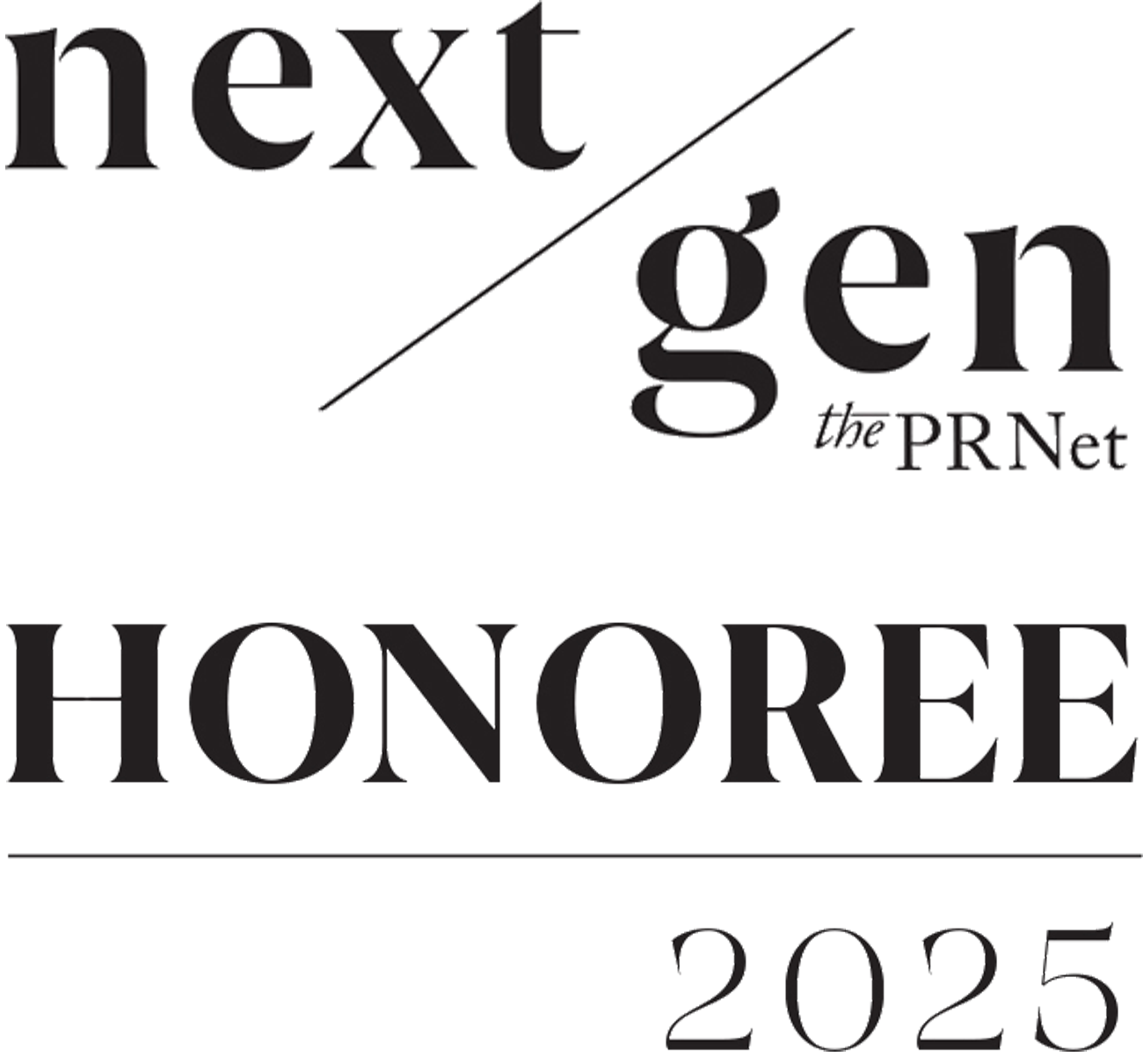 'next gen the PR Net' logo above the word 'HONOREE' with '2025' below it.