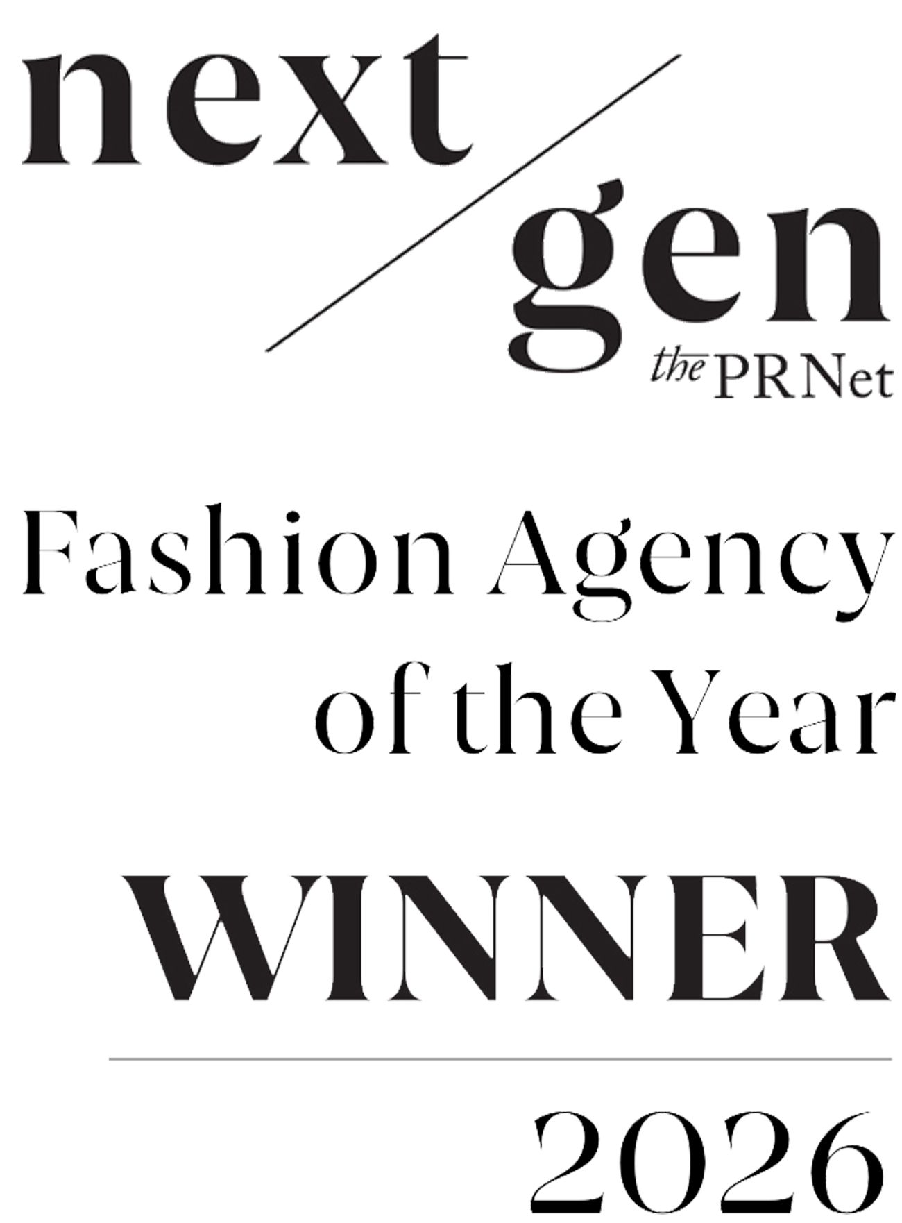 Next Gen the PR Net Fashion Agency of the Year Winner 2026 award logo.