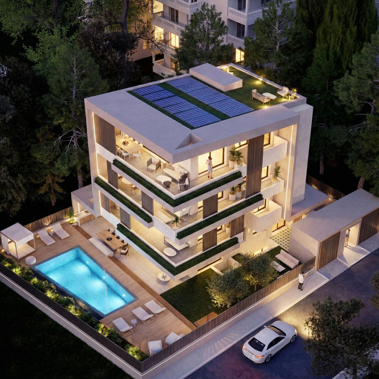 Modern three-story house with illuminated balconies, rooftop solar panels, and a lit swimming pool in a fenced yard at dusk.