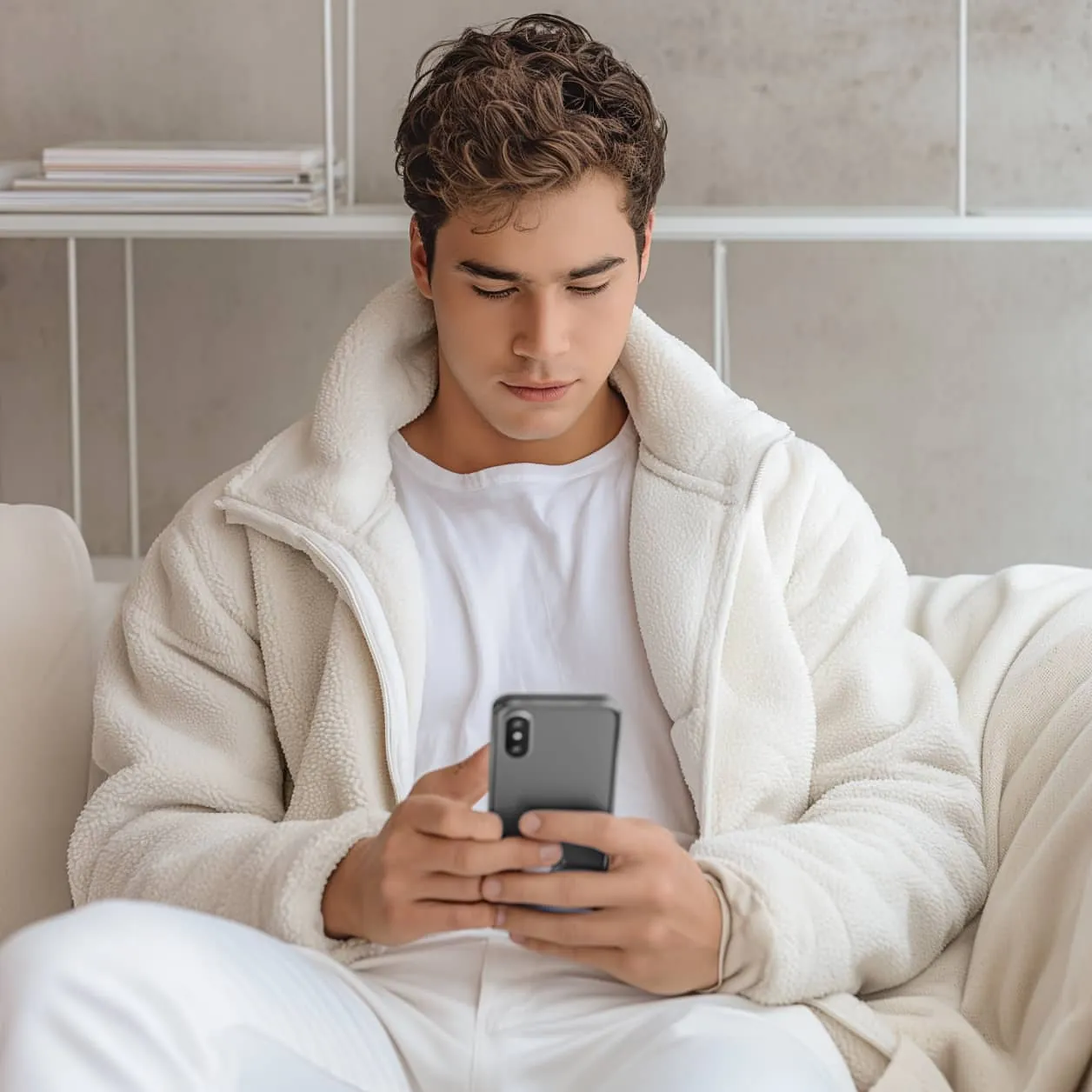 Buyer checking a property listing on a phone at home