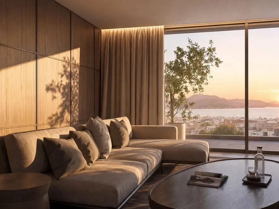 Living room with a sea view at Aether Residences, Vouliagmeni, Athens Riviera