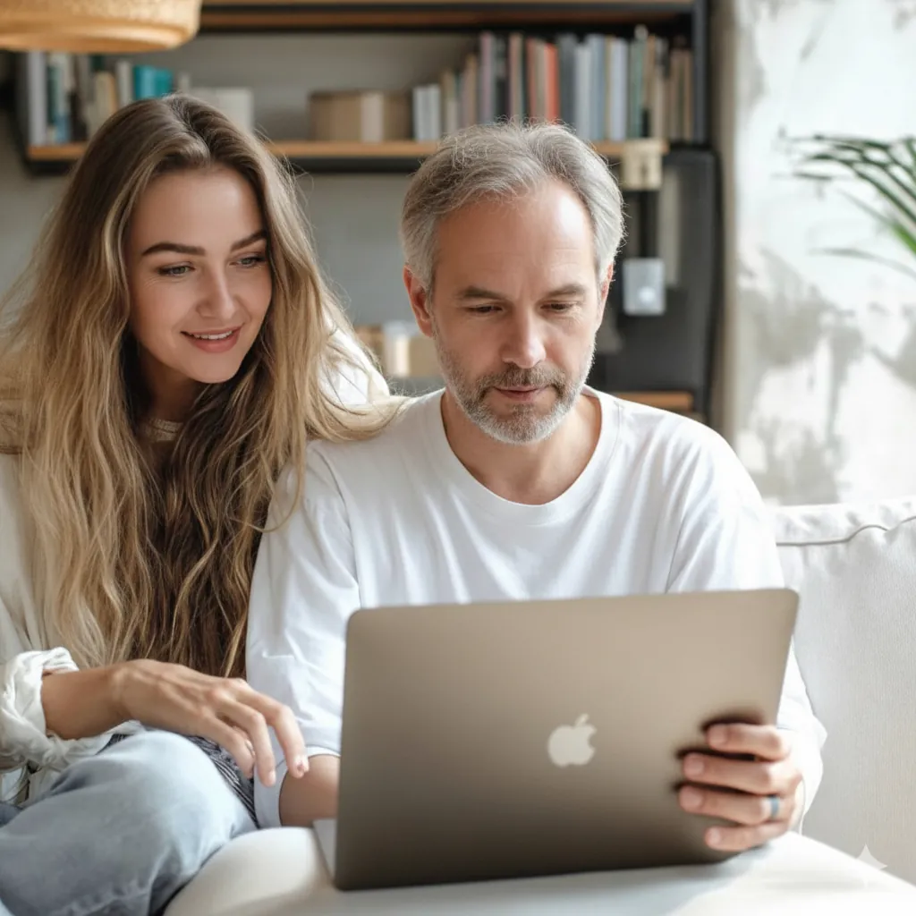Couple browsing Greek property listings on a laptop at home