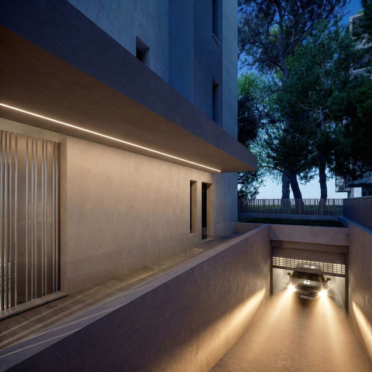 Architectural rendering of a high-end coastal residence surrounded by trees, with warm evening lighting