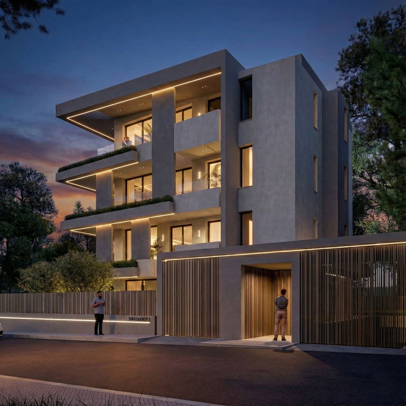 Contemporary multi-level luxury residence in Voula with warm façade lighting during sunset