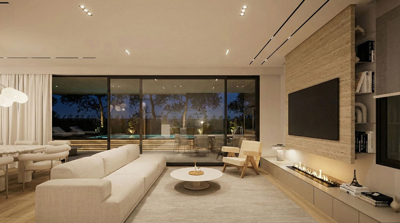 Interior living room of a luxury apartment with floor-to-ceiling windows and a minimalist design aesthetic