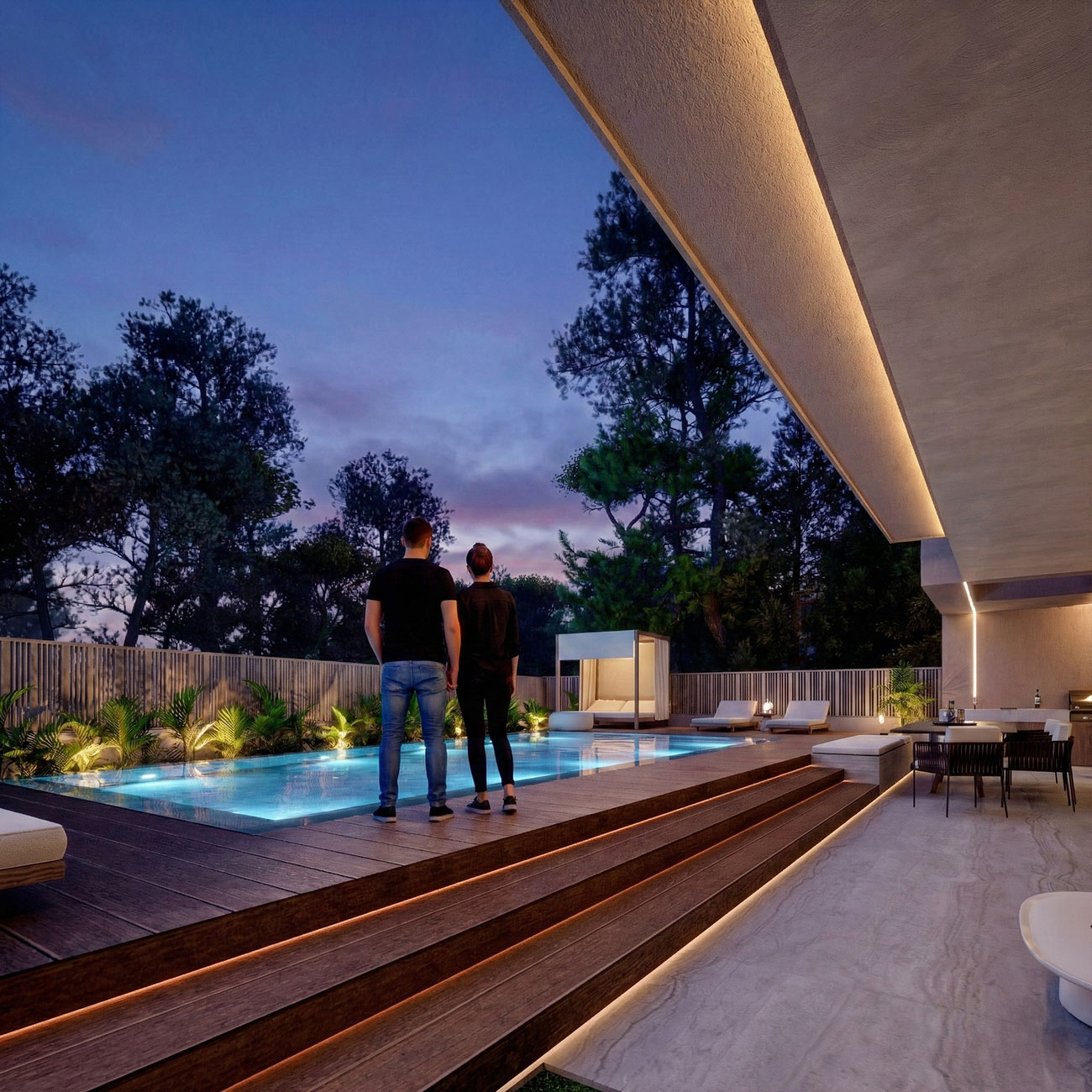 Poolside evening view of a luxury garden residence with wooden decking and landscaped surroundings.