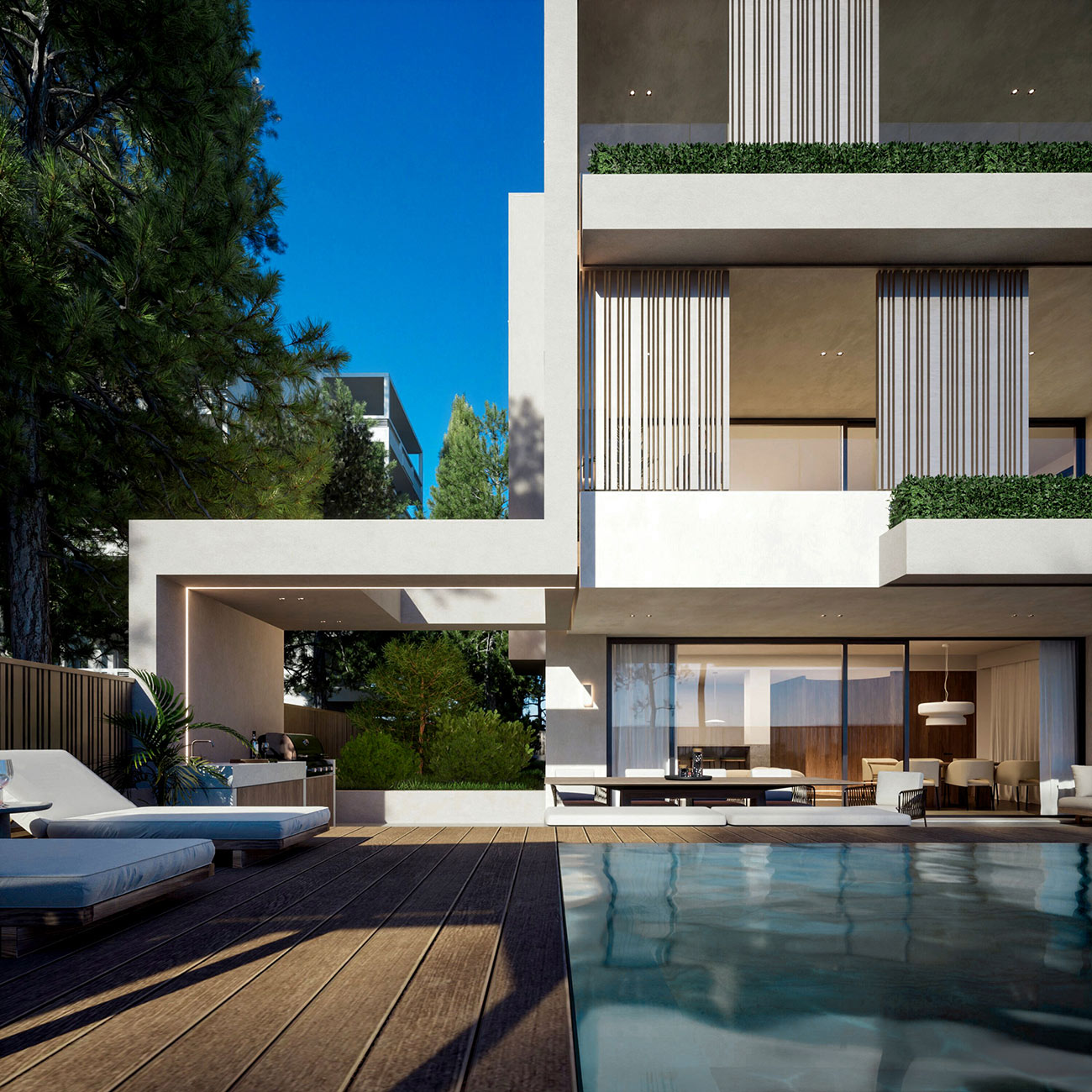 Daytime façade view of a luxury residential building with balcony glass, greenery, and pool area.