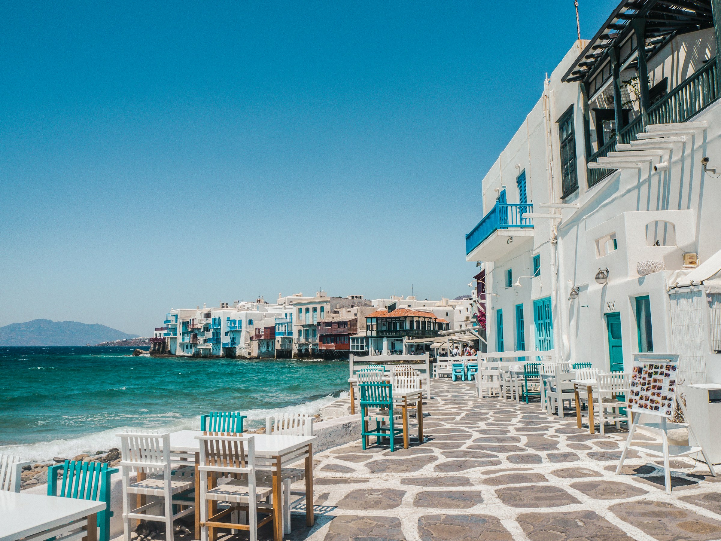 Mykonos Little Venice whitewashed Cycladic architecture above the Aegean Sea, Cyclades, Greece