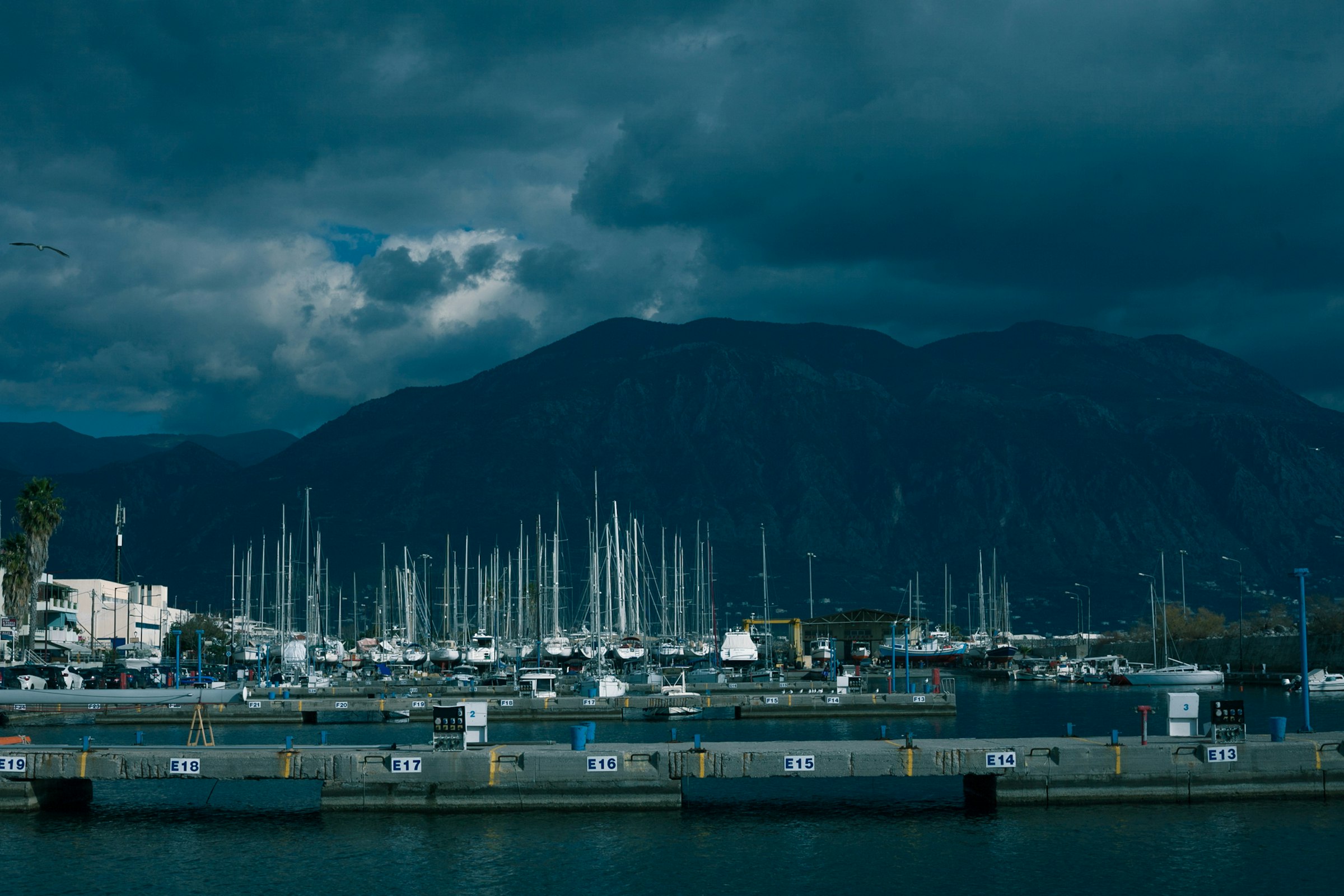 Kalamata harbor with marina and Taygetus mountain backdrop, Messinia, Greece