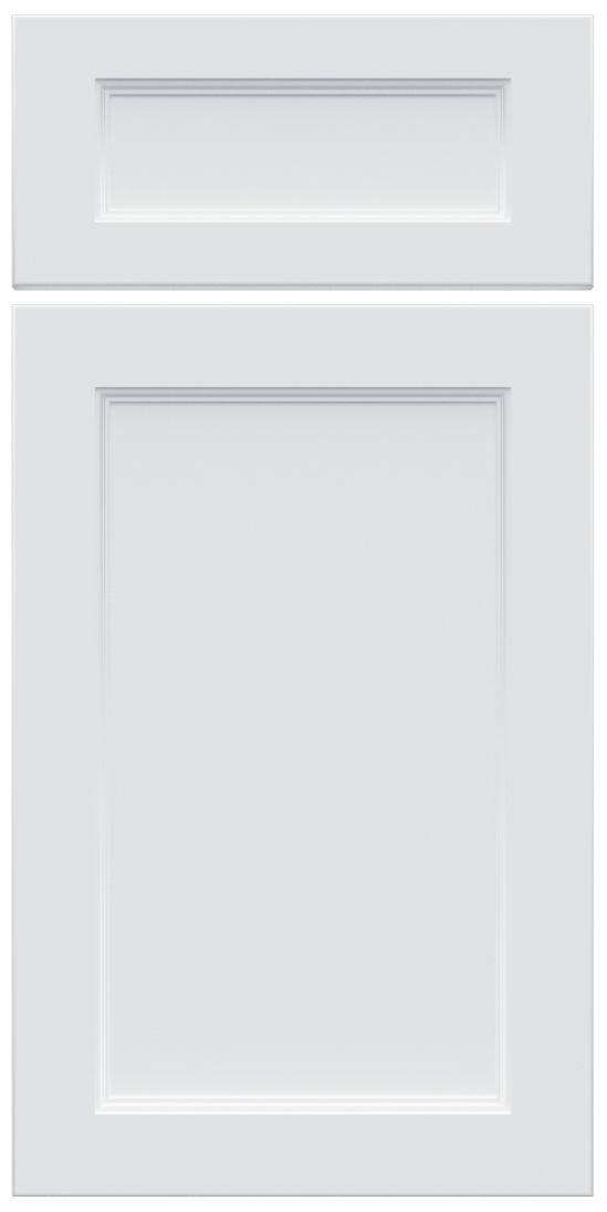 White shaker style cabinet door with a small rectangular top panel and a larger rectangular bottom panel.