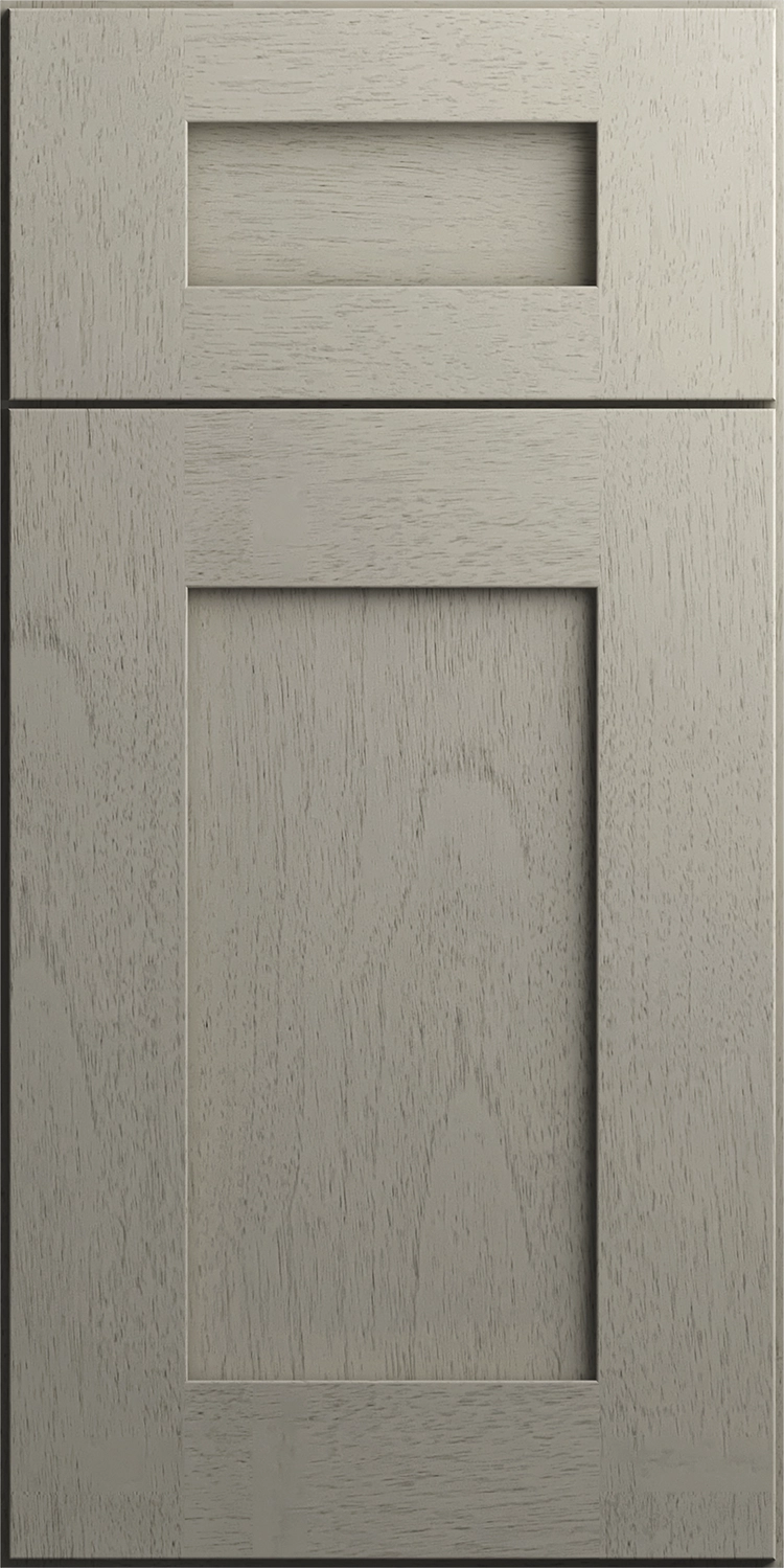 Gray wooden cabinet door with a rectangular recessed panel design.