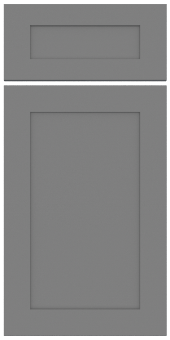 Gray shaker-style cabinet door with a rectangular recessed panel and a smaller recessed drawer front above it.