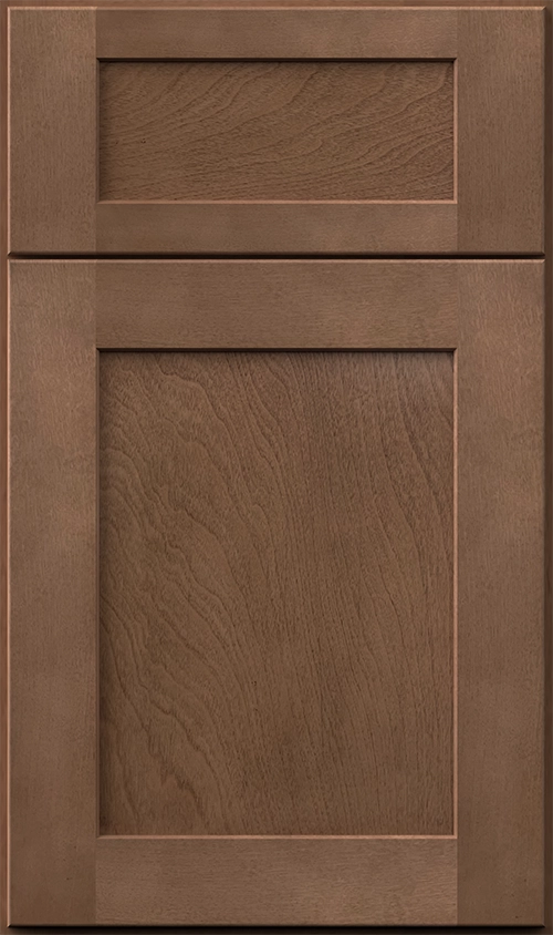 Brown wooden cabinet door with simple recessed panel design and visible wood grain texture.