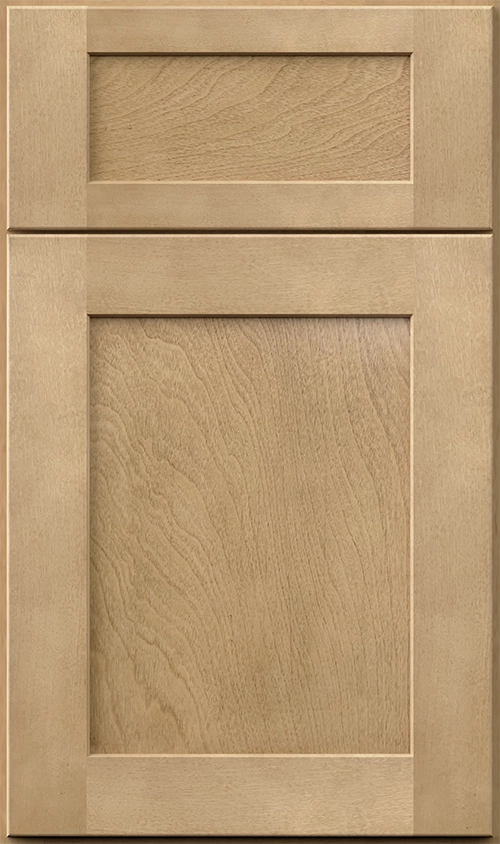 Light natural wood cabinet door with two recessed panels showcasing wood grain texture.