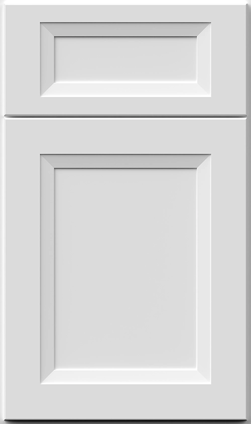 White cabinet door with two recessed rectangular panels, one smaller on top and one larger below.