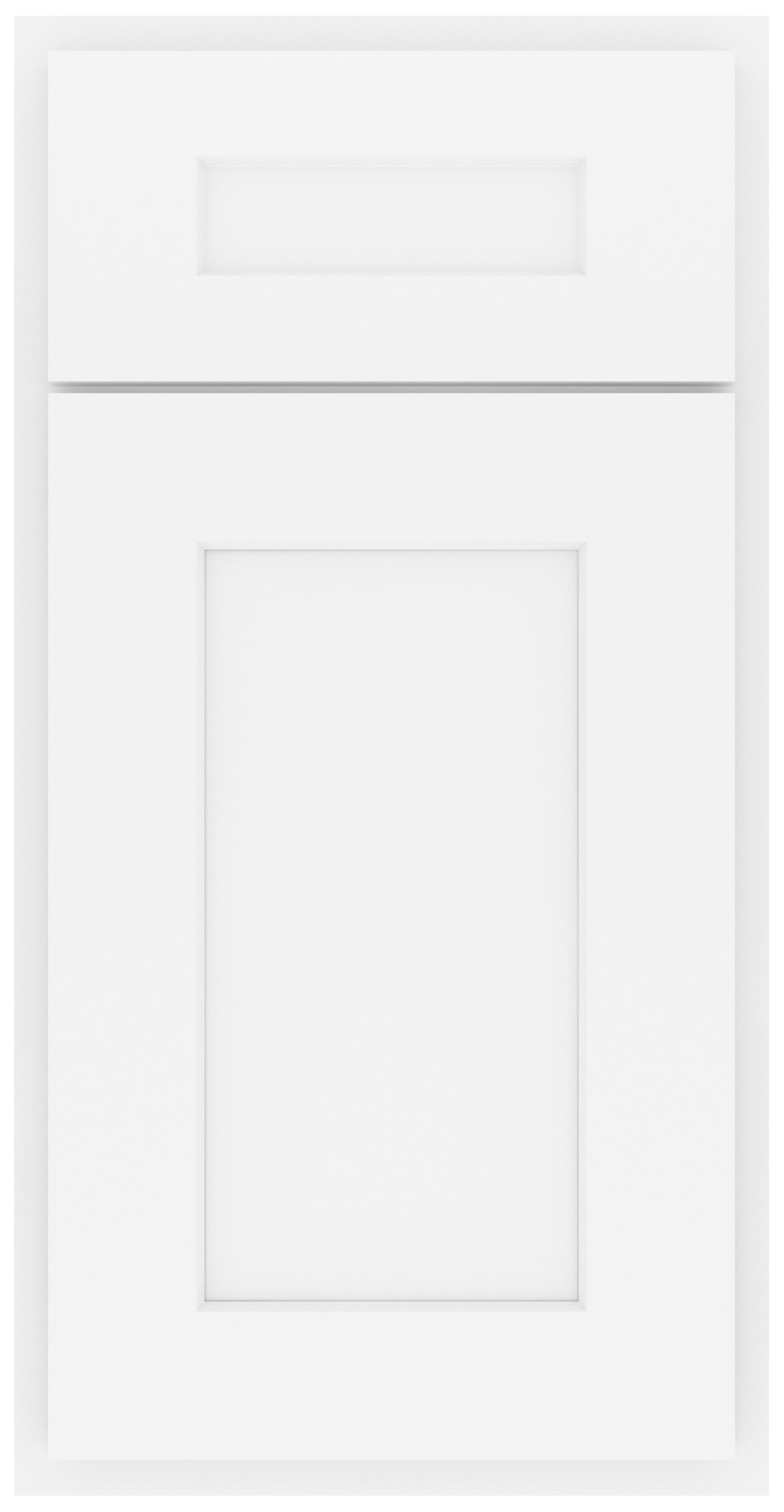 White cabinet door with a recessed rectangular panel design and a smaller recessed panel at the top.
