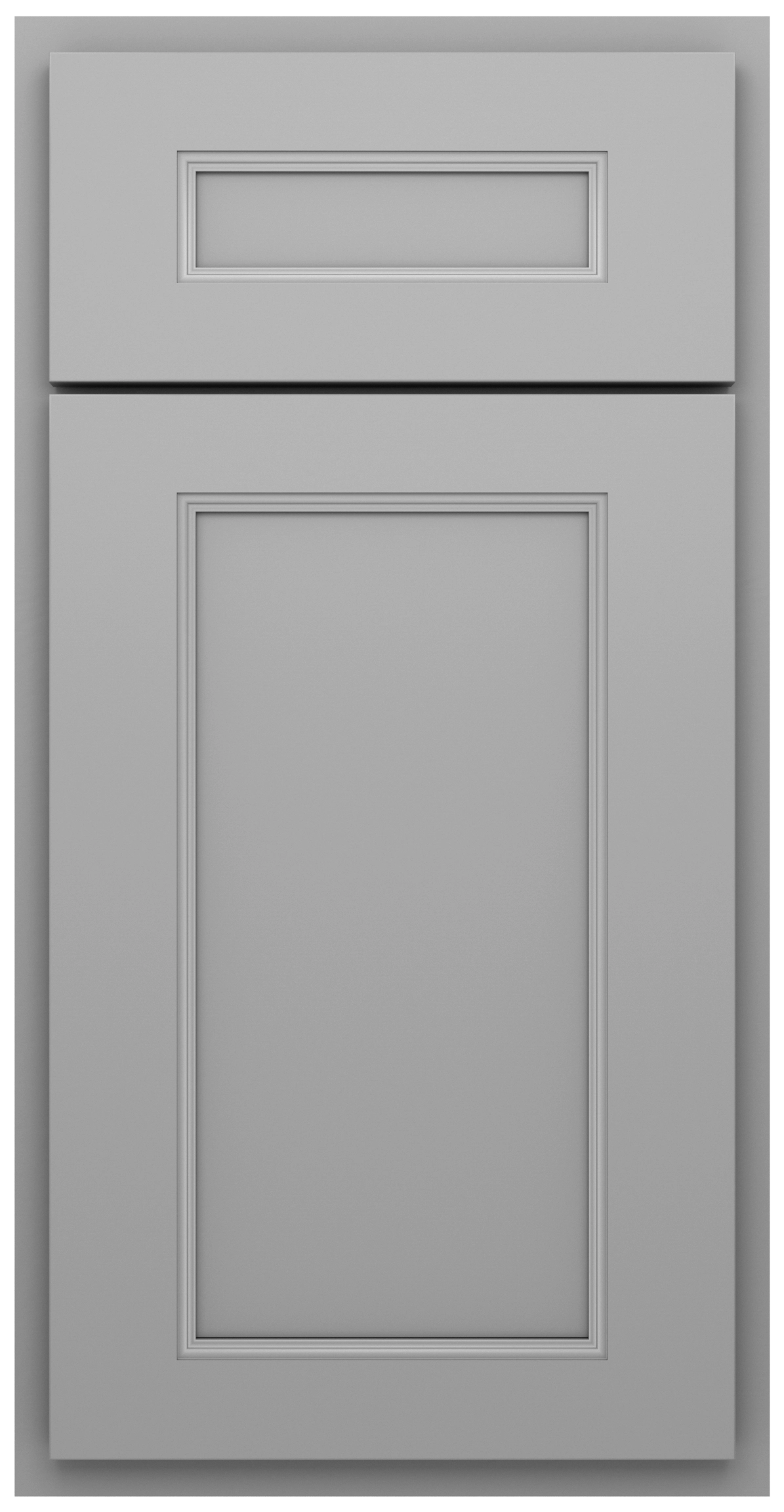 Gray cabinet door with a raised rectangular panel design, featuring one smaller top drawer panel and one larger bottom door panel.