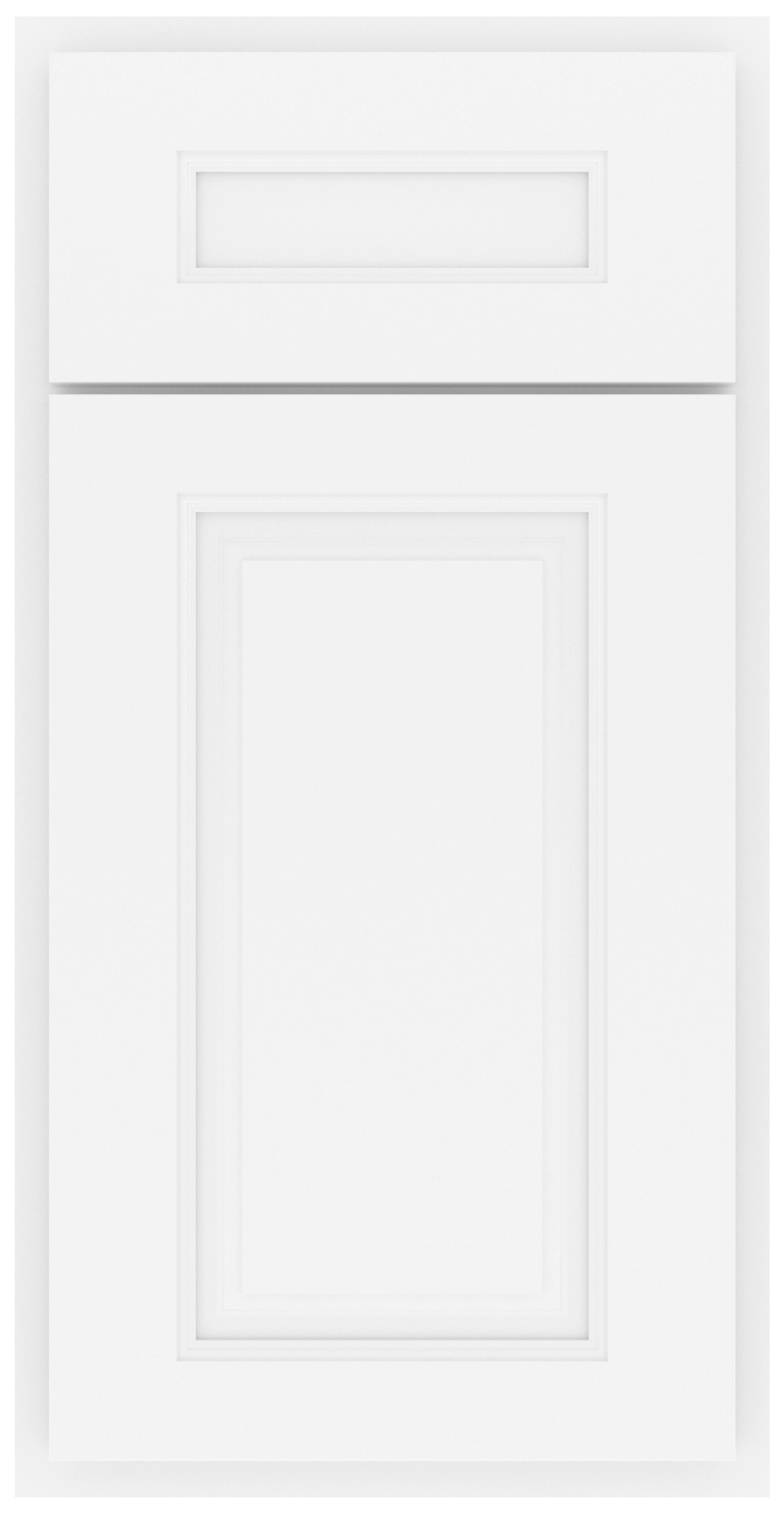 White cabinet door with a rectangular recessed panel and a matching drawer front above it.