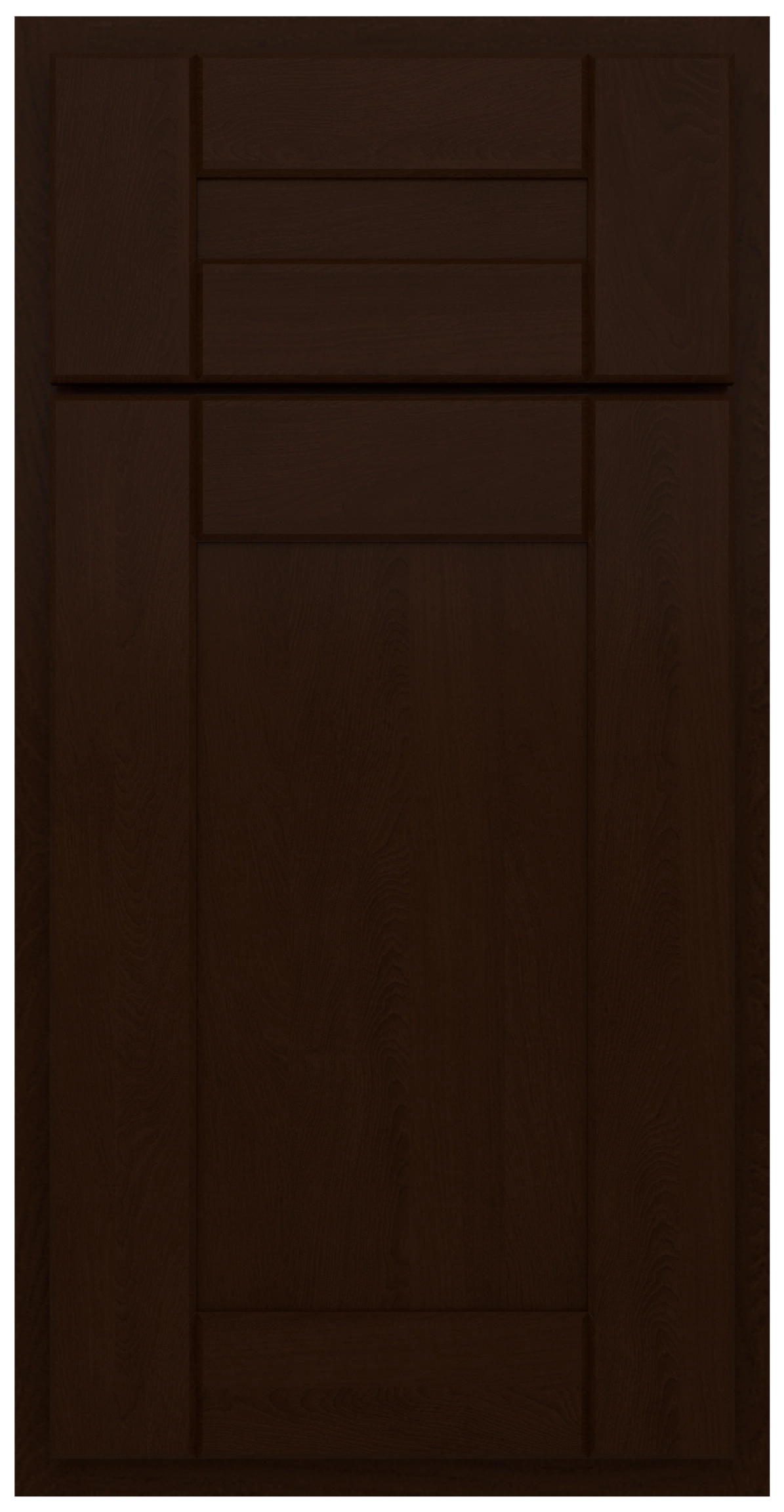 Dark brown wooden shaker cabinet door with a rectangular recessed panel and a drawer front above.