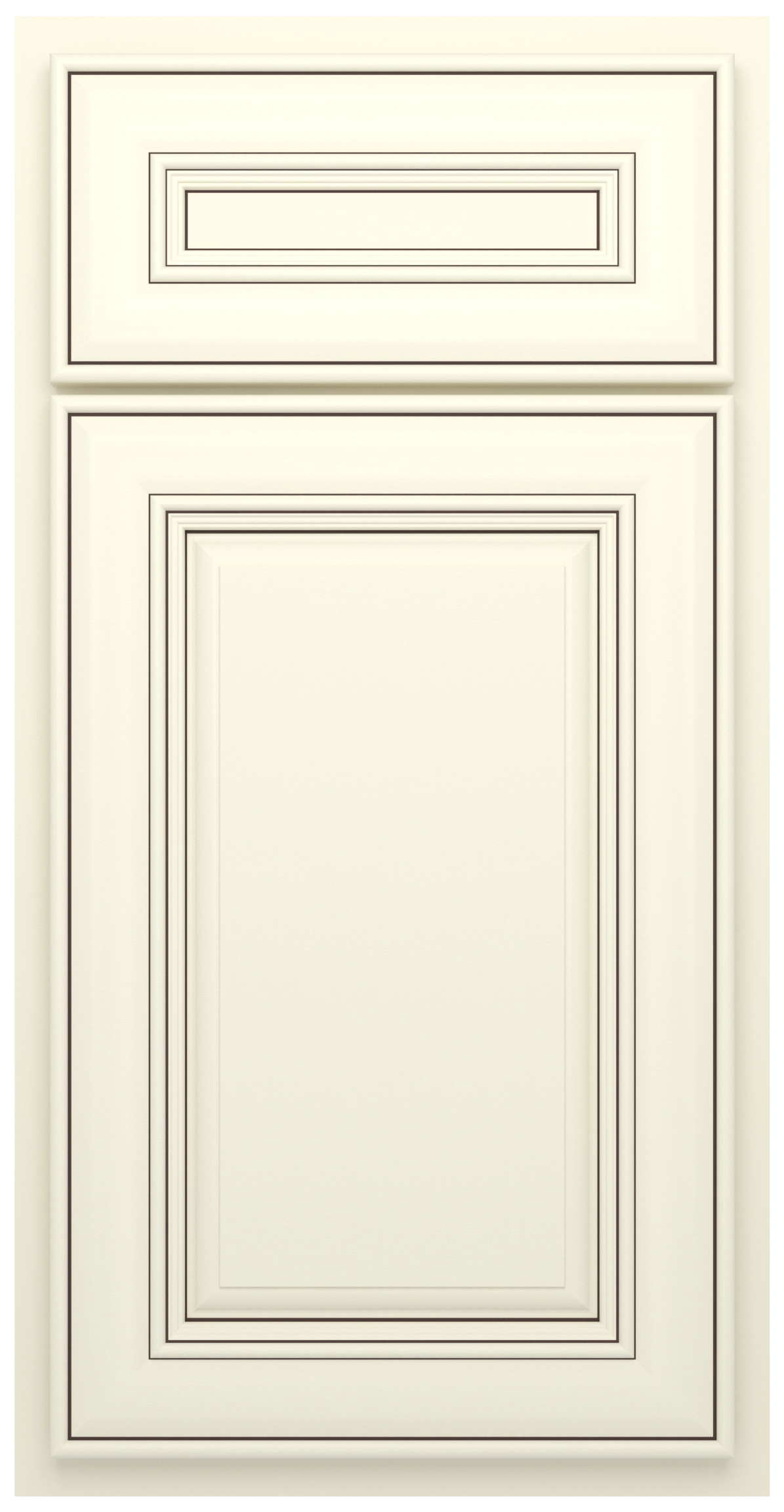 Cream-colored raised panel cabinet door with a matching drawer front above, both featuring intricate molding details.