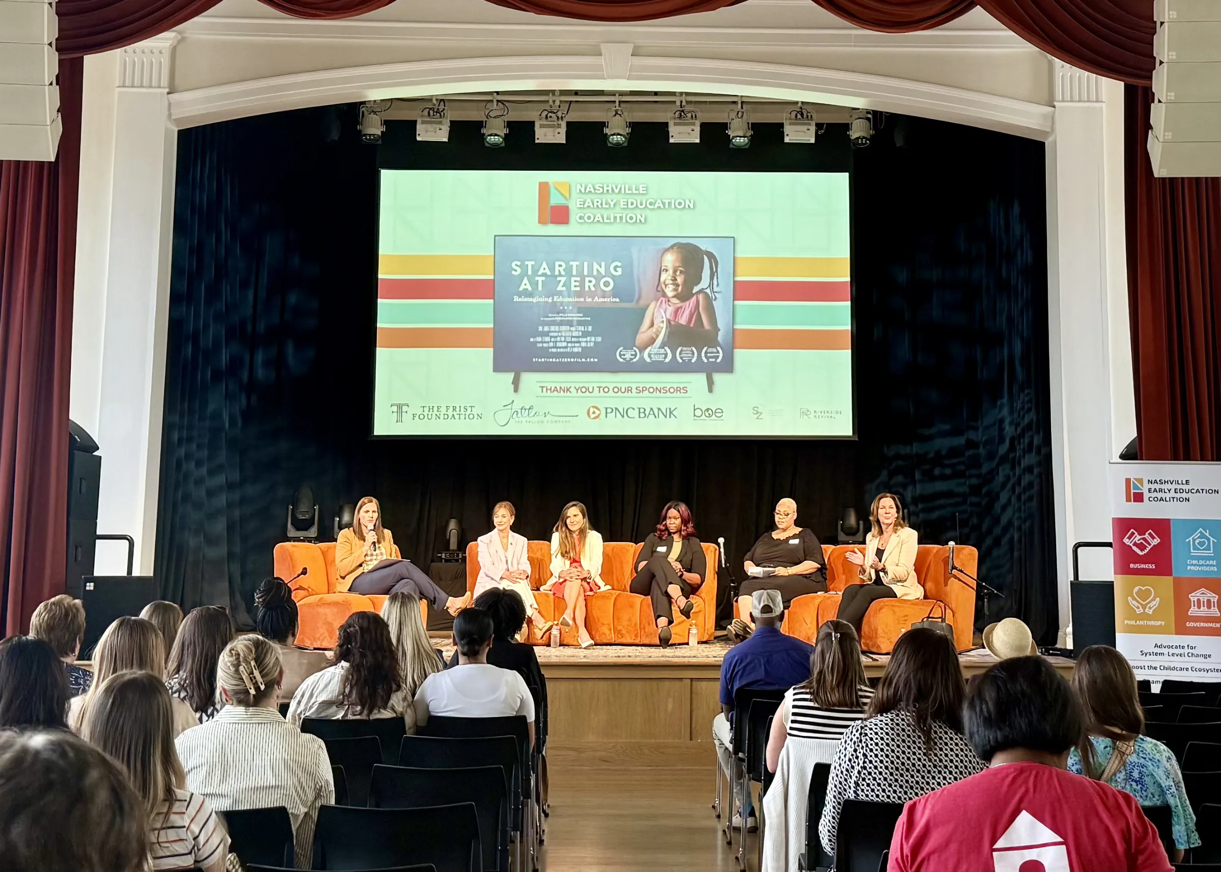 Panel of six women seated on orange couches on a stage in front of an audience, with a screen behind them displaying Nashville Early Education Coalition and Starting at Zero information.