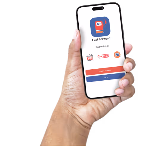 right hand of a young male holding a phone displaying the fuel forward app login