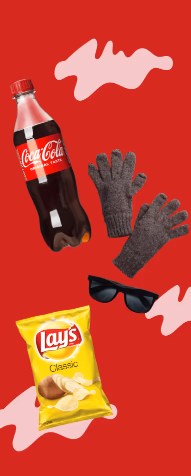 Deals promo for U-Stop showing a coca-cola bottle on the left, center has Frito Lays Classic chips , and to the right has a pair of gloves and sunglasses sold at U-Stop