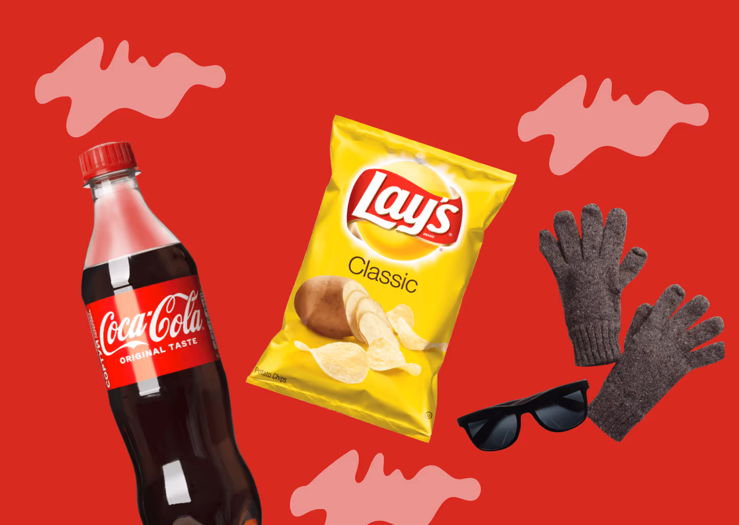 Deals promo for U-Stop showing a coca-cola bottle on the left, center has Frito Lays Classic chips , and to the right has a pair of gloves and sunglasses sold at U-Stop