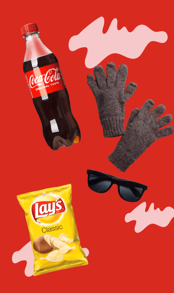 Deals promo for U-Stop showing a coca-cola bottle on the left, center has Frito Lays Classic chips , and to the right has a pair of gloves and sunglasses sold at U-Stop