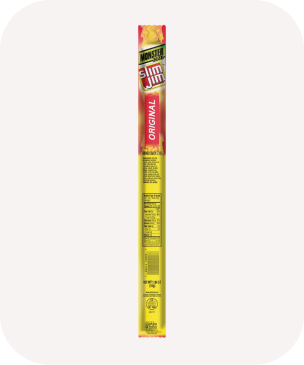 A Slim Jim beef stick in bright yellow and red packaging is centered on a white background. The label reads "Original," conveying a classic snack choice.