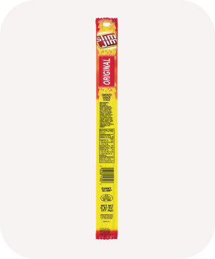 A Slim Jim beef stick in its original flavor packaging. The long, narrow wrapper is yellow and red with nutritional information and the logo visible.
