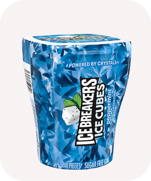 Blue container of Ice Breakers Ice Cubes Peppermint gum, adorned with ice crystal graphics and mint leaves. Label reads "40 pieces, sugar-free."