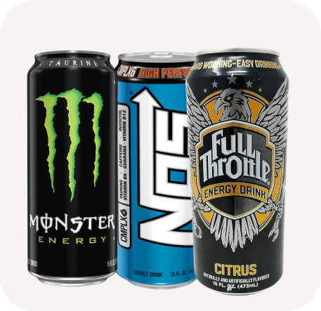 Three energy drink cans: a black Monster Energy, a blue NOS, and a black Full Throttle with wings, all on a neutral background.