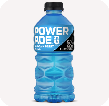 Powerade Mountain Berry Blast sports drink bottle filled with vibrant blue liquid. The label highlights "50% More Electrolytes." Energetic and refreshing tone.