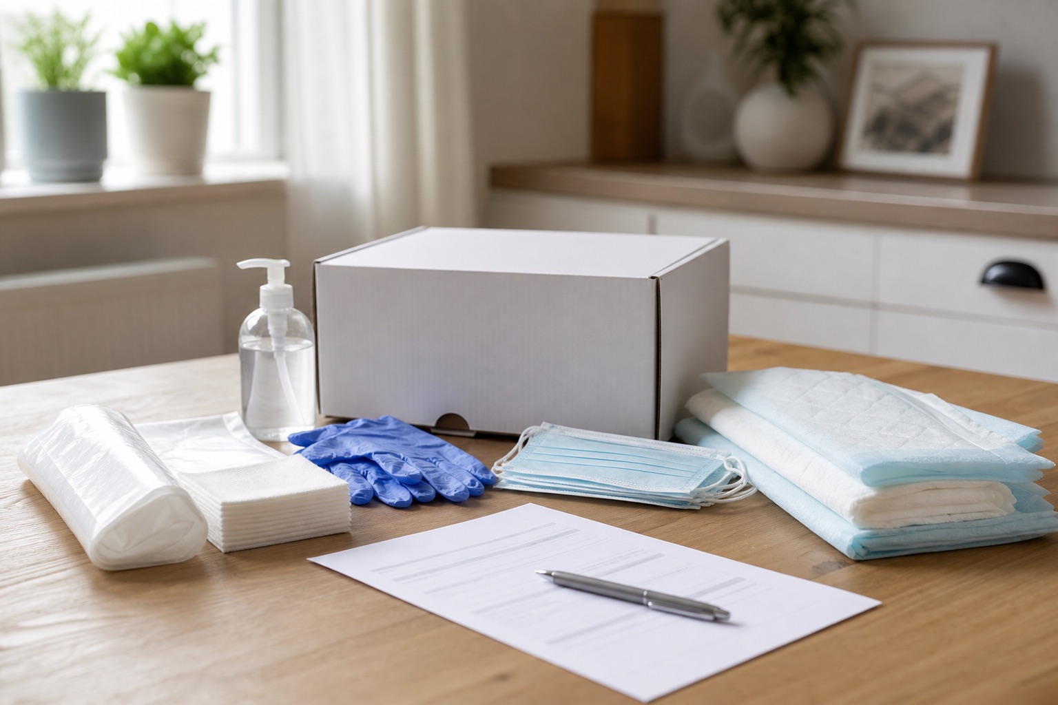 Pflegehilfsmittel und Pflegebox-Antrag auf einem Tisch