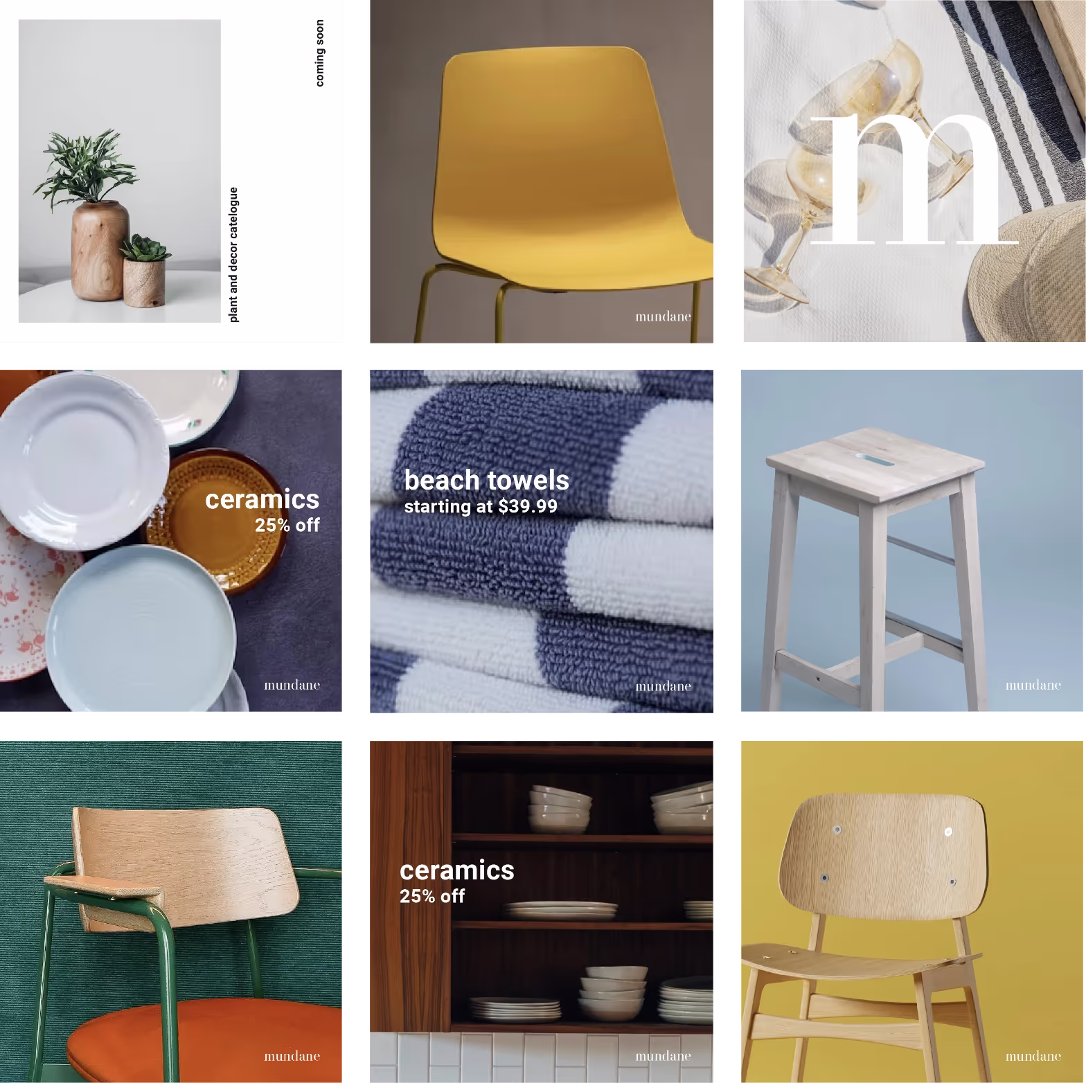 A mockup of mundane social media assets in a 9 by 9 square grid.