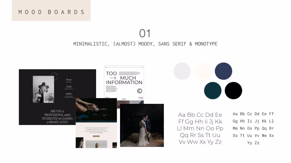 Initial moodboard for a wedding photographers pricing document.