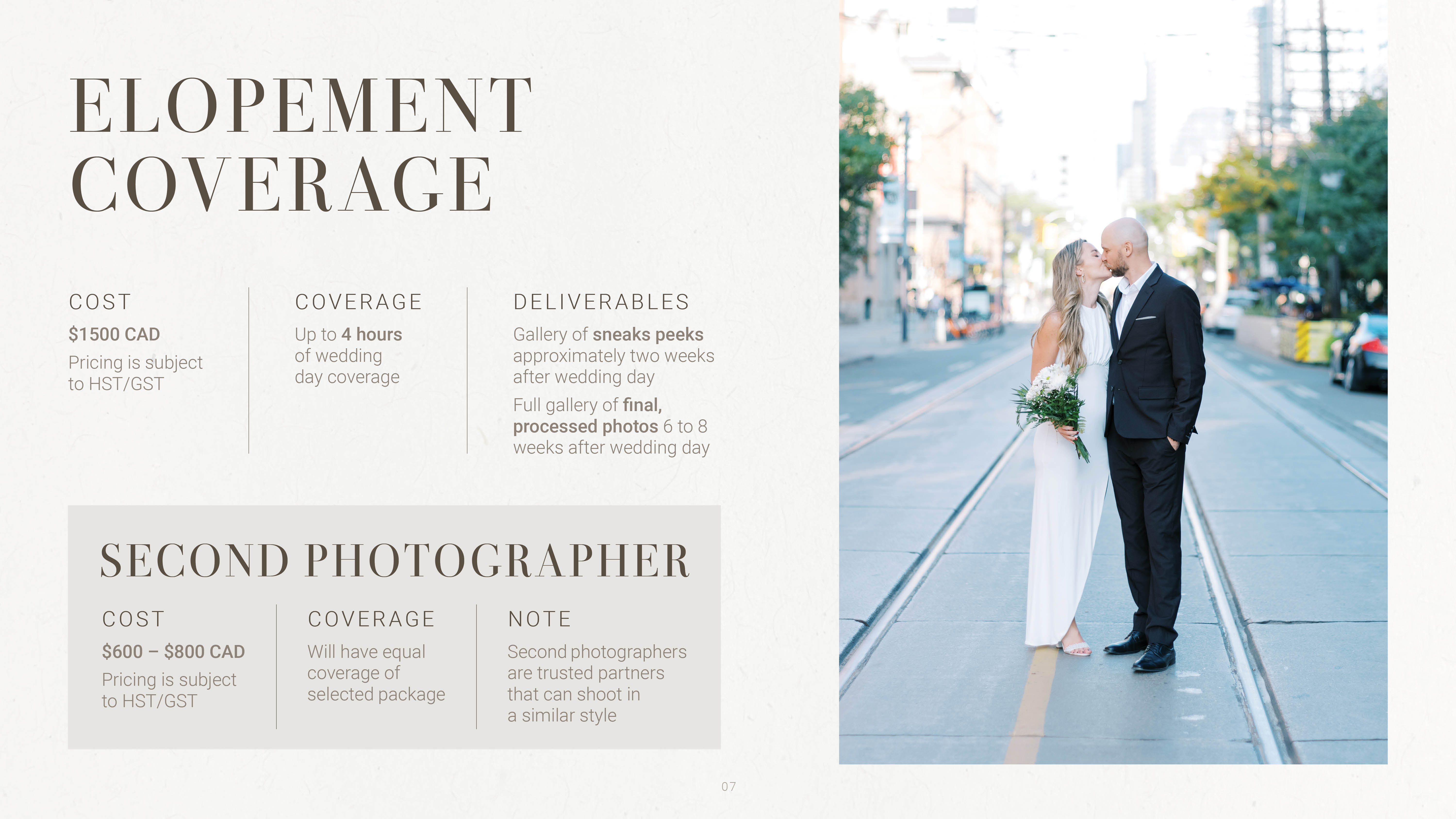 A mockup of a wedding photographer's pricing document outlining their elopement fees.