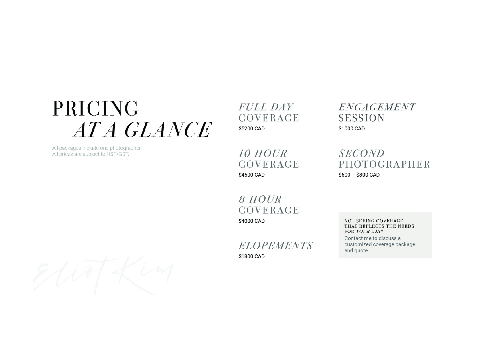 A mockup of a wedding photographer's pricing document outlining an overview of their services.