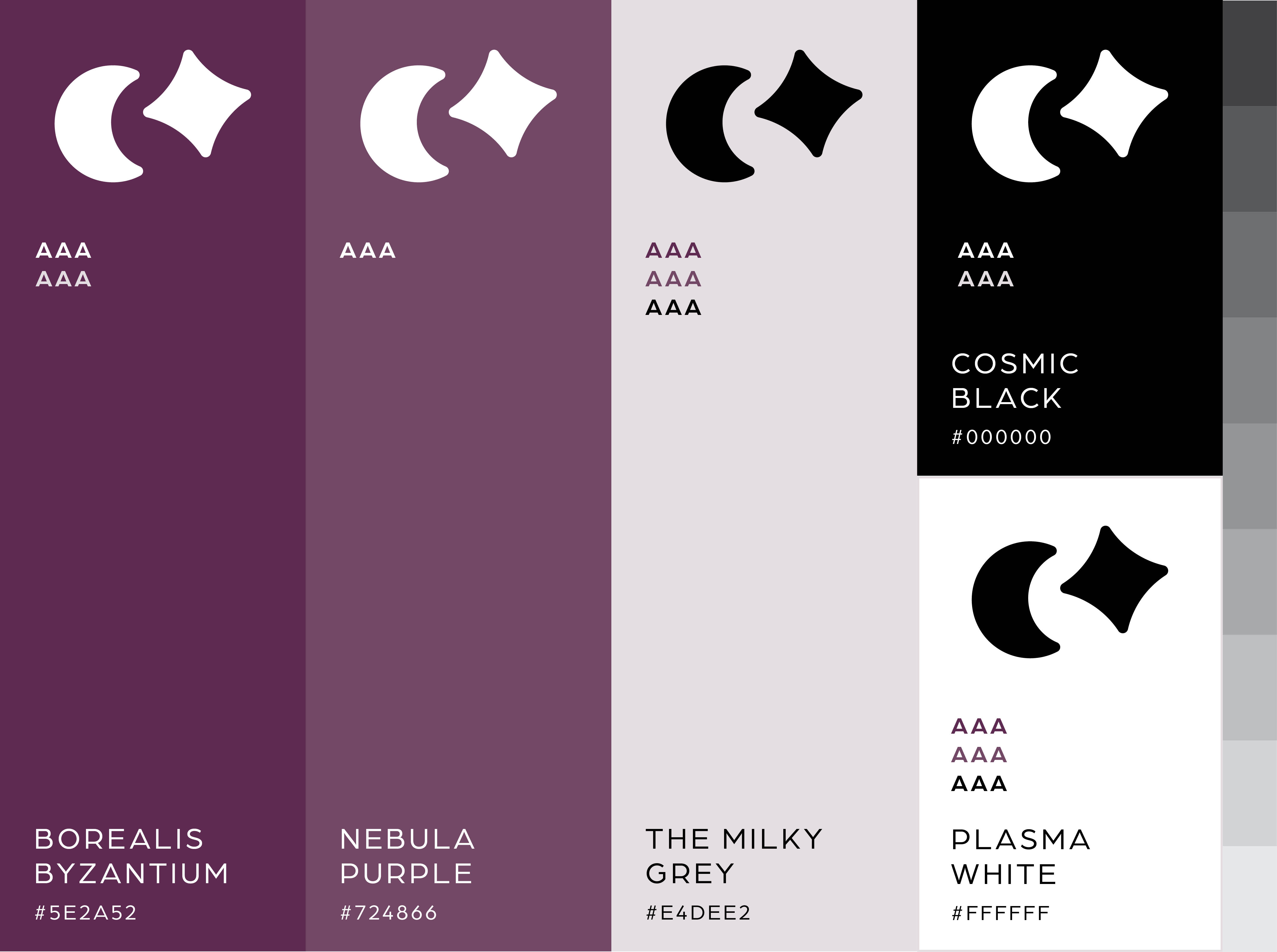 Color palette guide showing four colors: Borealis Byzantium (#5E2A52), Nebula Purple (#724866), The Milky Grey (#E4DEE2), Cosmic Black (#000000), and Plasma White (#FFFFFF) with corresponding moon and star icons and AAA accessibility ratings.