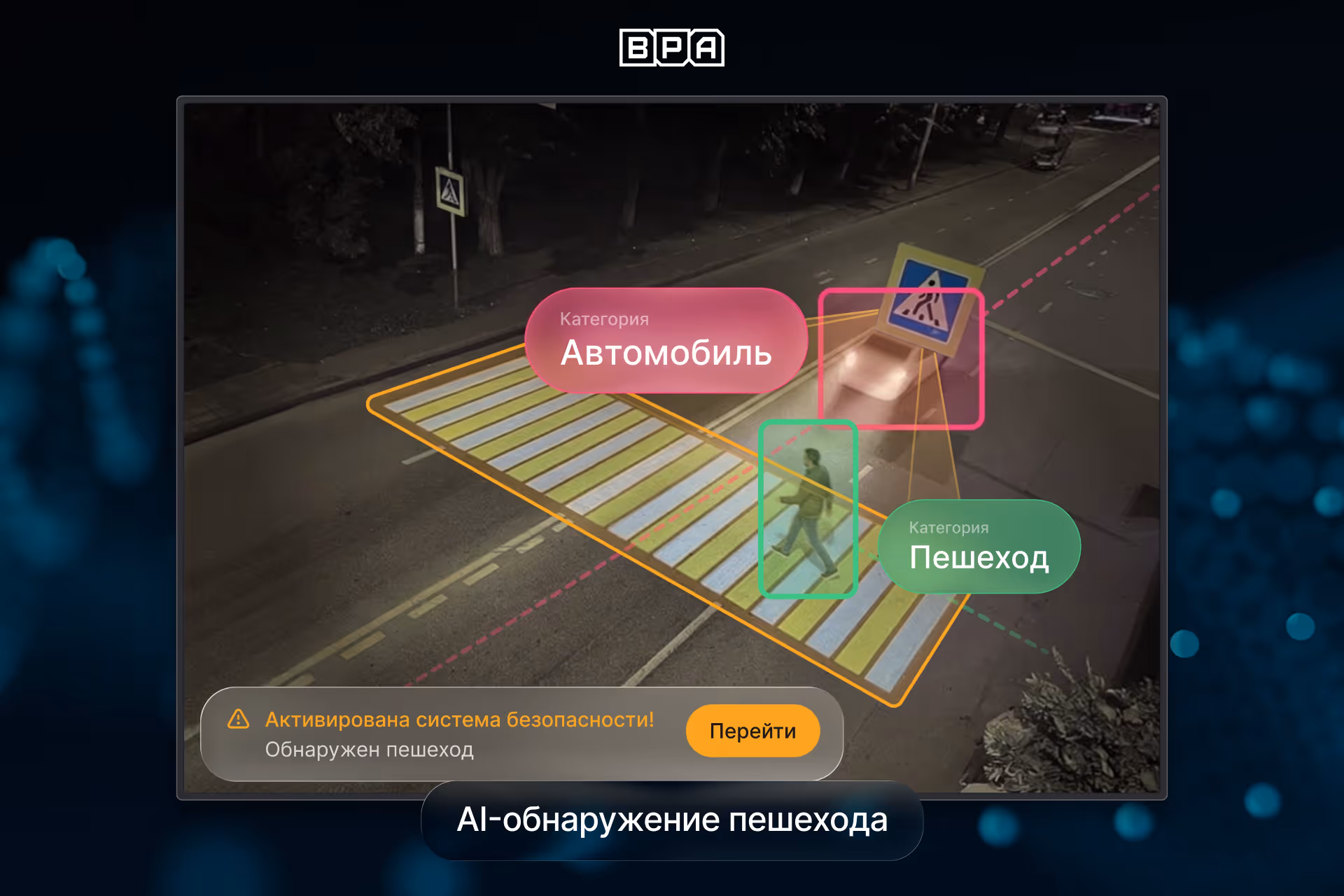 AI-видеоаналитика пешеходного перехода с автоматическим обнаружением пешеходов и автомобилей для управления системой безопасности дорожного движения.