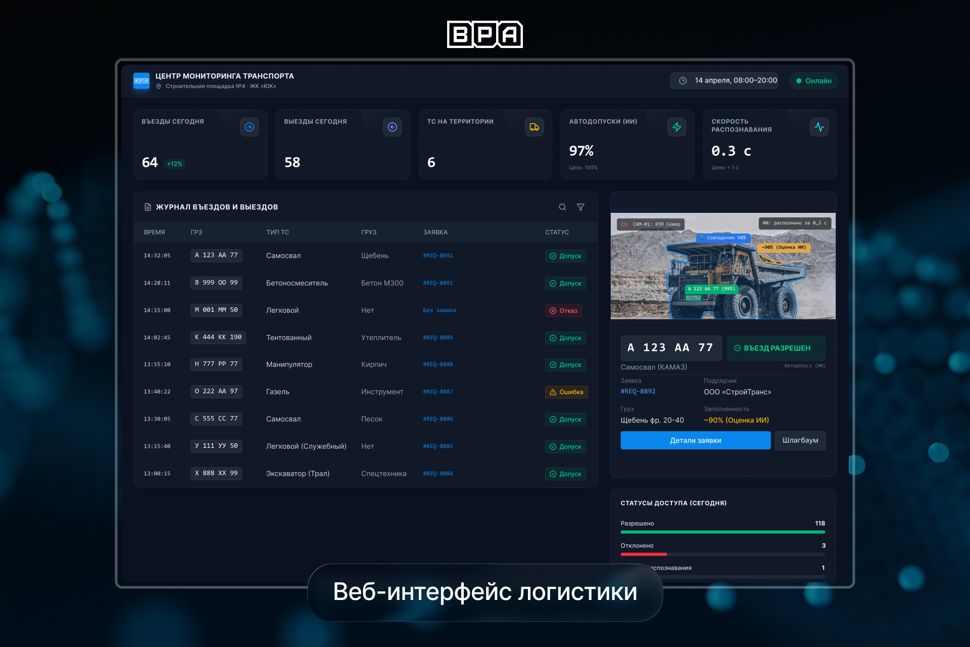Цифровая система управления строительной логистикой с видеоаналитикой транспорта и контролем въездов на объект строительства