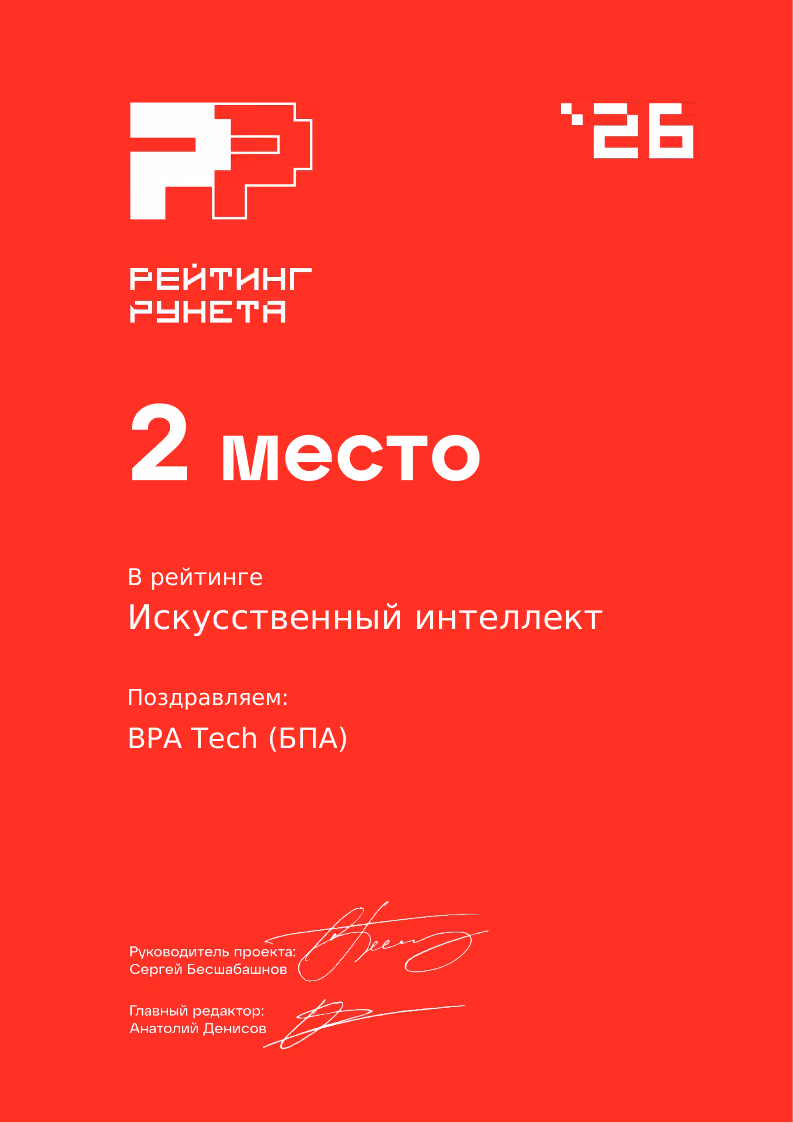 Рейтинг Рунетаа 2026_ BPA заняла 2 место в категории разработка и внедрение искусственного интеллекта