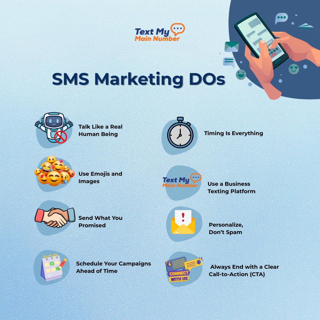 Infographic of SMS Marketing DOs: talk like a human, use emojis, schedule campaigns, personalize, add CTAs.